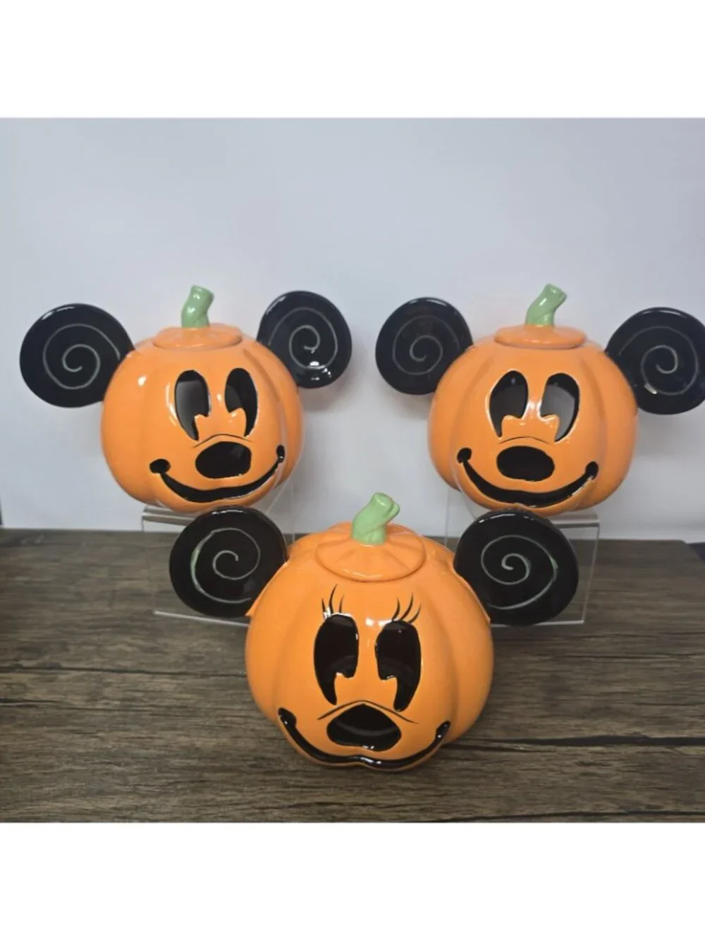 3 Disney Minnie Mickey Mouse Pumpkin Halloween Candle Holder Luminary